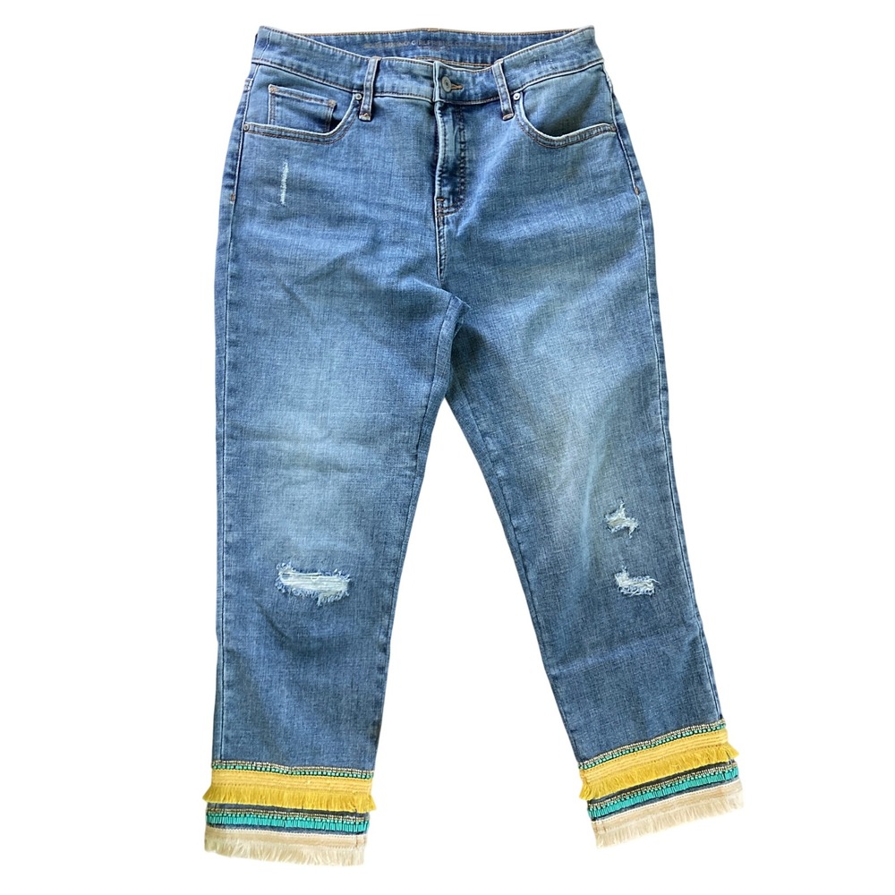 Chico's So Slimming‎ Girlfriend Slim Crop Embellished Jeans Fringe Boho (Size 4)